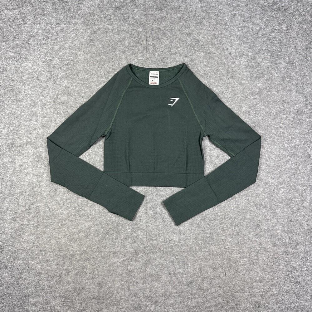 Gymshark Long Sleeve Crop Top Olive Green Activewear Gym Workout Shirt